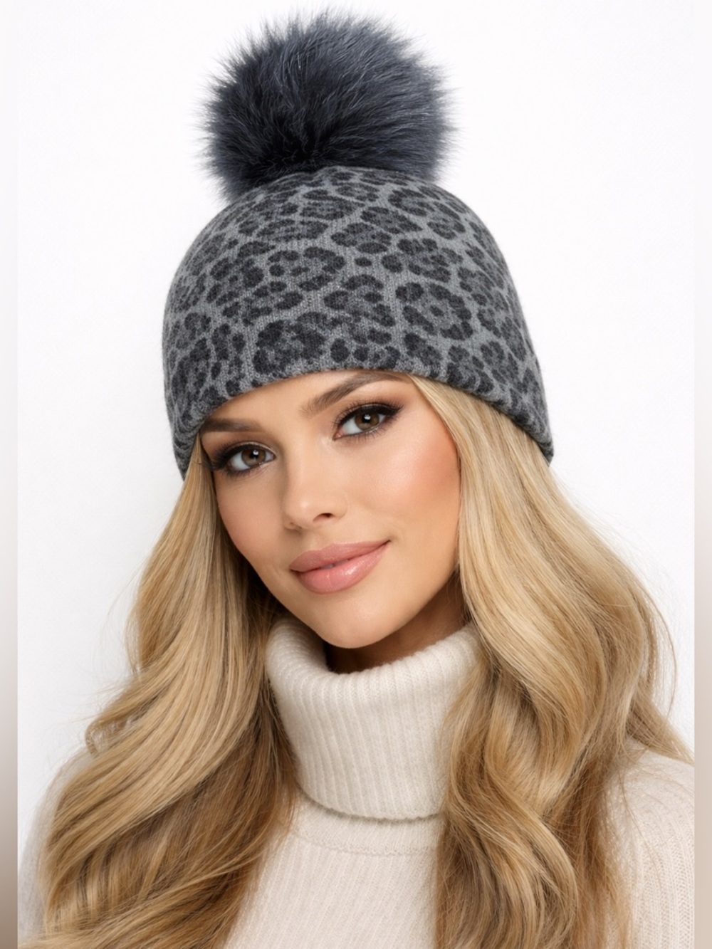 Sofia Cashmere Leopard Print Pom Beanie | Gray Cashmere Hat with Faux Fur Pom OS